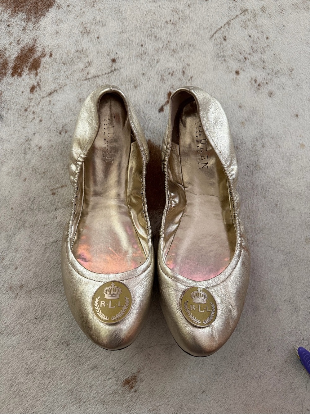 Lauren Ralph Lauren Metallic Gold Ballet Flats with Crest Medallion